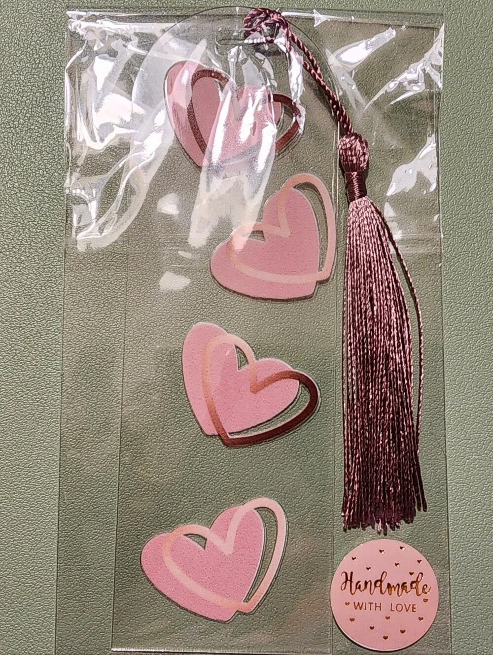 Acrylic Bookmark with Pink Heart Stickers and Pink Tassel. Handmade